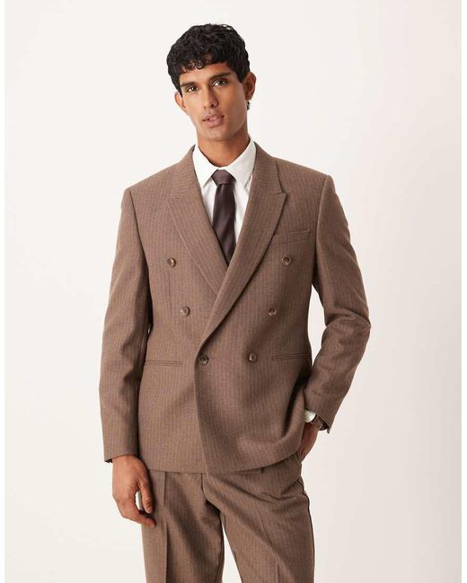 ASOS Brown Double Breasted Regular Suit Jacket With Wool Pinstripe for men