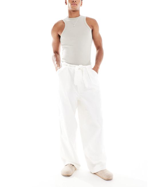 ASOS – weite canvas-hose aus ecru mit bindegürtel und bundfalten in White für Herren