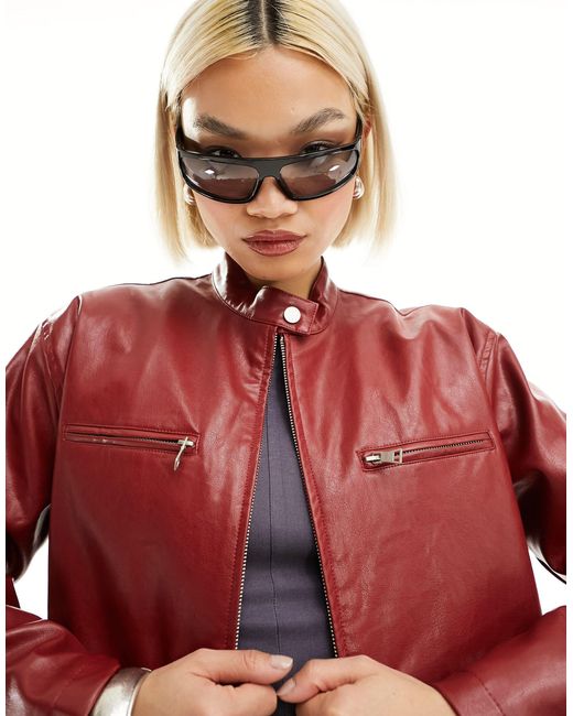 Red faux leather moto on sale jacket