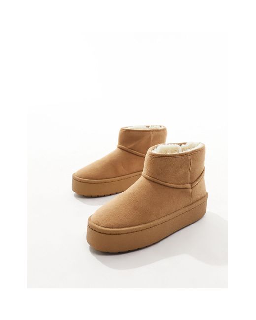 Monki Brown Faux Suede Mini Platform Boot Slippers