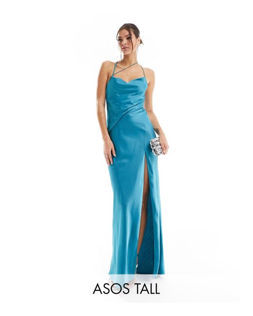 ASOS Blue Asos Design Tall Satin Textured Overlay Maxi Dress With Open Back Detail