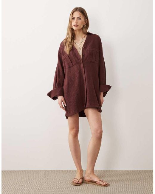 ASOS Brown Double Cloth Mini Shirt Dress With Wide Cuffs And Oversized Pockets