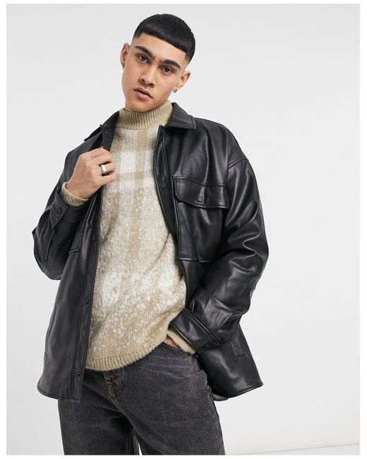 Bershka Black Faux Leather Jacket for men