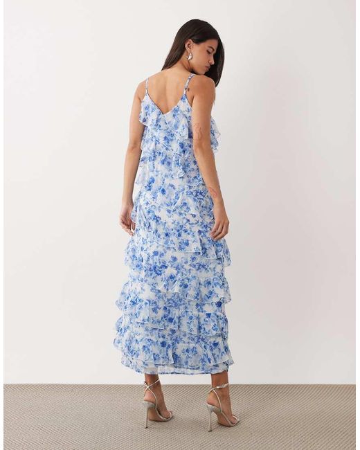 Vila Blue Asymmetric Frill Maxi Dress With Side Split