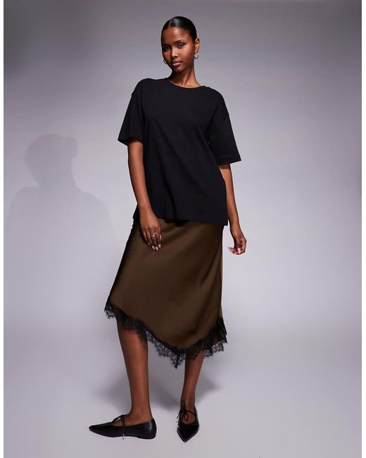 River Island Brown Satin Maxi Skirt With Lace Detail