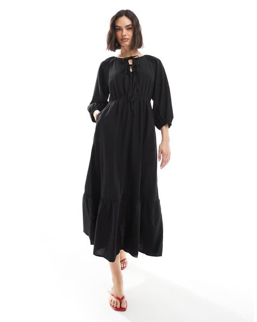 New Look Black Tie Front Tiered Smock Midi Dress