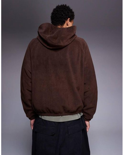 ASOS Brown Relaxed Zip Through Funnel Neck Fleece Hoodie for men