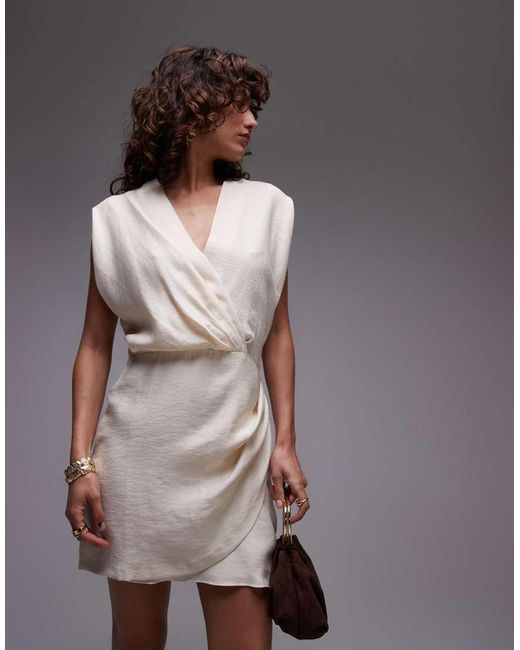 Mango Brown V Neck Draped Fabric Cinched Wait Mini Dress