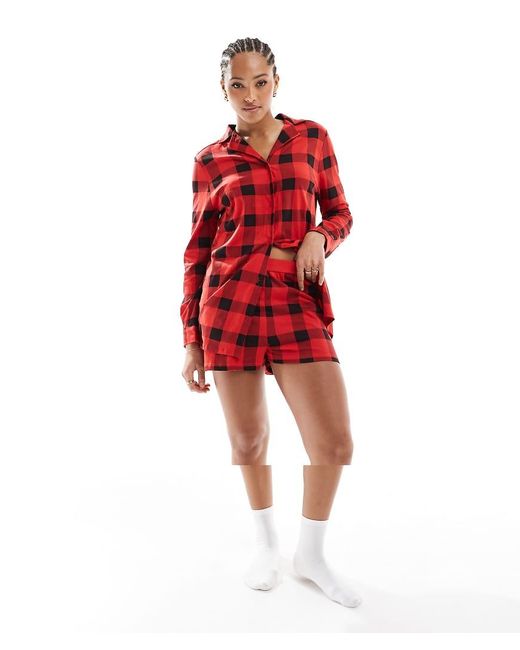 Brave Soul Red Long Sleeve And Black Check Shirt And Shorts Lounge Set