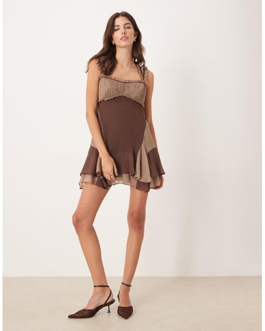ASOS Brown Cap Sleeve Contrast Ribbon Ruffle Hem Mini Dress