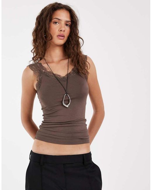 Pieces Brown V-neck Lace Trim Singlet