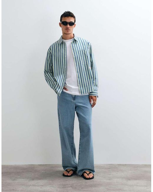 ASOS Blue Oversized Poplin Stripe Shirt With Chest Embroidery for men
