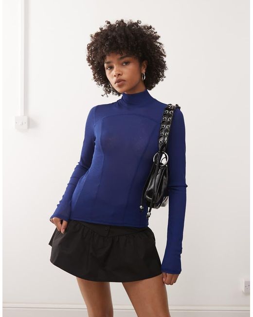 Weekday Blue High Neck Mesh Long Sleeve Top