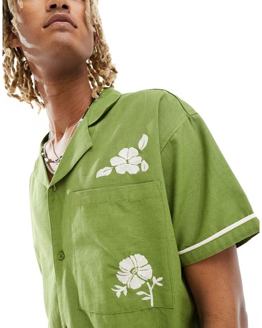 Native Youth Green Linen Revere Collar Short Sleeve Embroidered Shirt for men