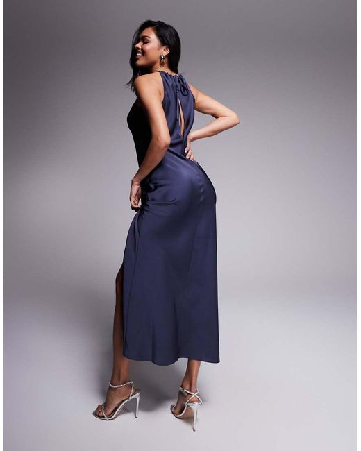 ASOS Maxi Jurk Van Satijn Met Halternek En Split in het Blue