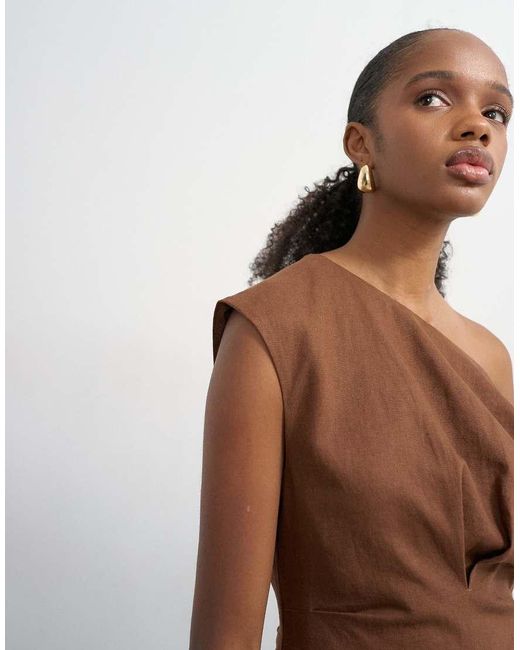 TOPSHOP Brown Linen Rich Fallen Shoulder Mini Dress With Tucked Waist