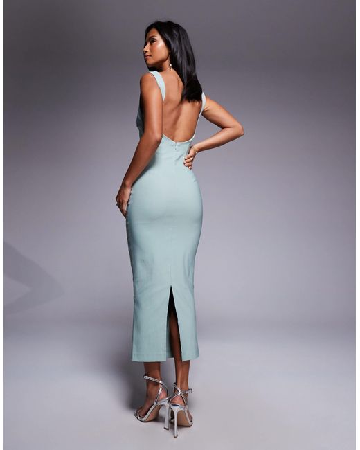 Robe longueur mollet en bengaline avec dos échancré et encolure carrée - sauge Vesper Petite en coloris Blue