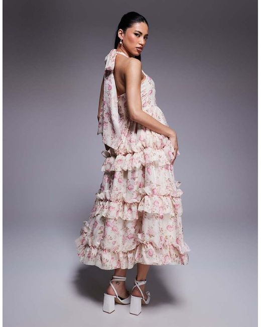 ASOS Gray Jacquard Halter Ruffle Midi Dress