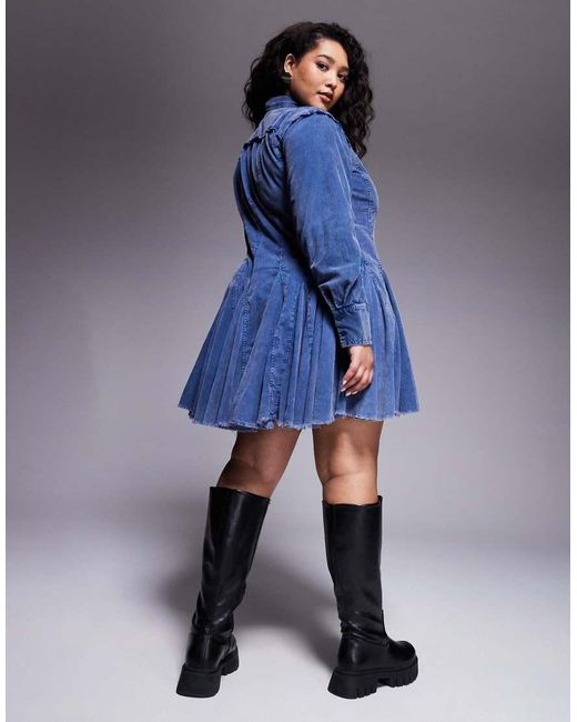 ASOS Blue Asos Design Curve Cord Shirt Dress With Nipped