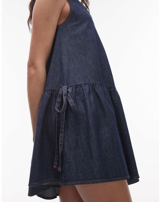 TOPSHOP Blue Denim Mini Dress With Peplum Hem And Bow Detail