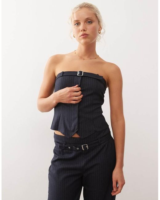 Collusion Blue Tailored Pinstriped Buckle Top