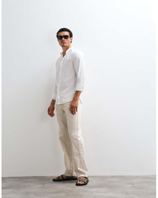 Only & Sons White Linen Mix Grandad Collar Shirt for men