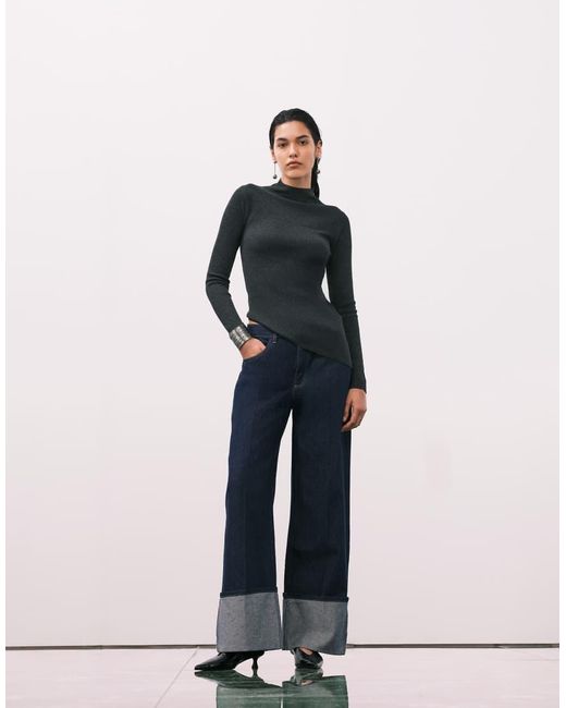 Mango Blue High Neck Asymmetric Knitted Top