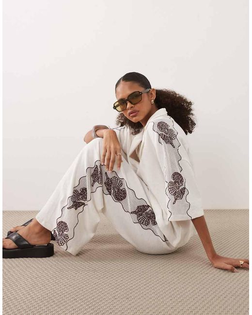 ASOS Natural Textured Jersey Wide Leg Trouser Co-ord With Shell Embroidery