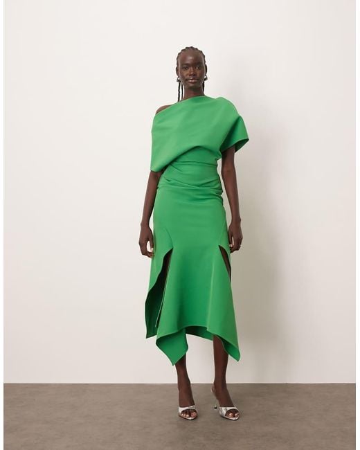ARRANGE Green Draped Bodice Square Cut Hem Midi Dress
