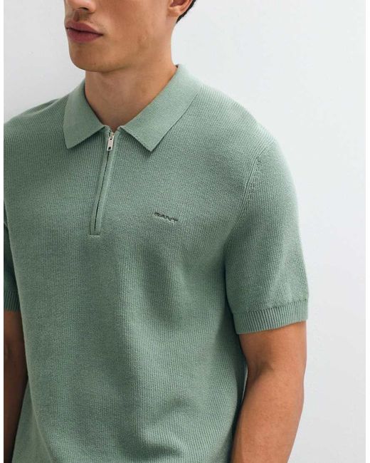 Gant Green Cotton Ribbed Half-zip Polo for men
