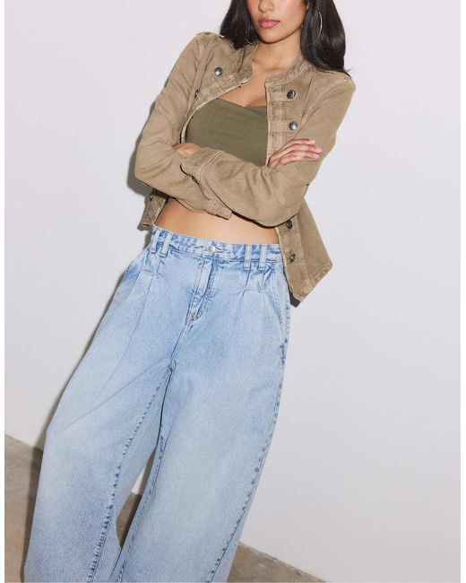 Stradivarius Blue Pleated Wide-leg Jeans