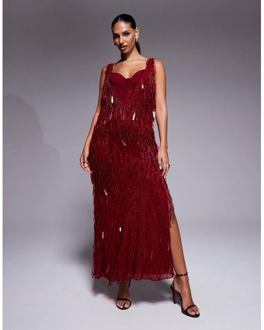 ASOS Red Fringe Embellished Cowl Neck Maxi Dress With Lace Bralette Underlay