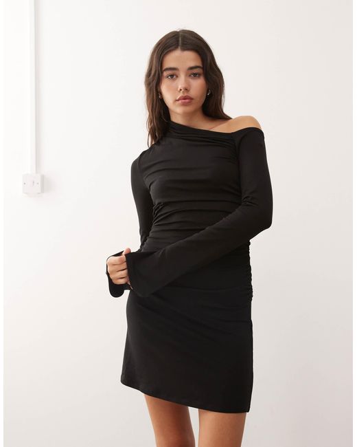Weekday Natural Long Sleeve Asymmetric Shoulder Mini Dress With Ruched Sides