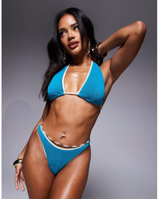 Moda Minx Blue Scrunch Contrast Binding Brazilian Bikini Bottom