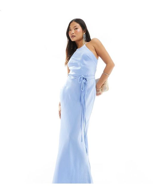 ASOS Blue Asos Design Petite Halter Racer Maxi Dress With Tie Waist And Cut Out Sides