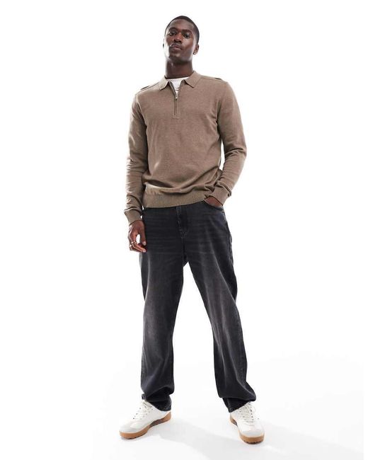 SELECTED Brown 100% Cotton Long Sleeve Half Zip Polo for men