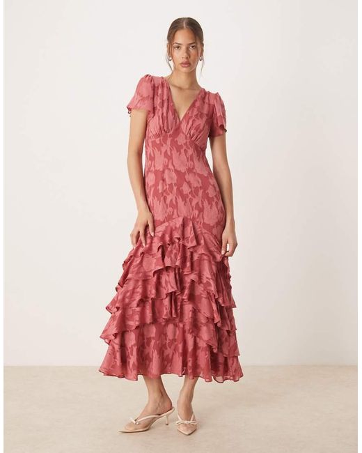 ANAYA Red V Neck Short Sleeve Ruffle Midaxi Dress