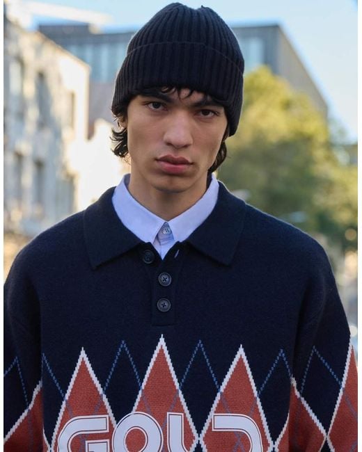 Bershka Blue Printed Polo Collar Sweater for men