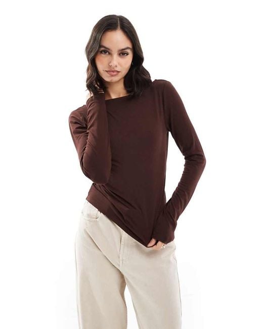 ASOS Brown Long Sleeve Slash Neck Top With Button Detail