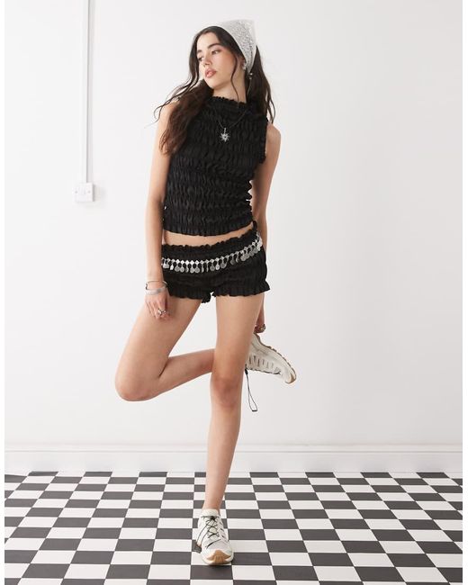 Collusion Black Satin Look Shirred Micro Shorts Co-ord