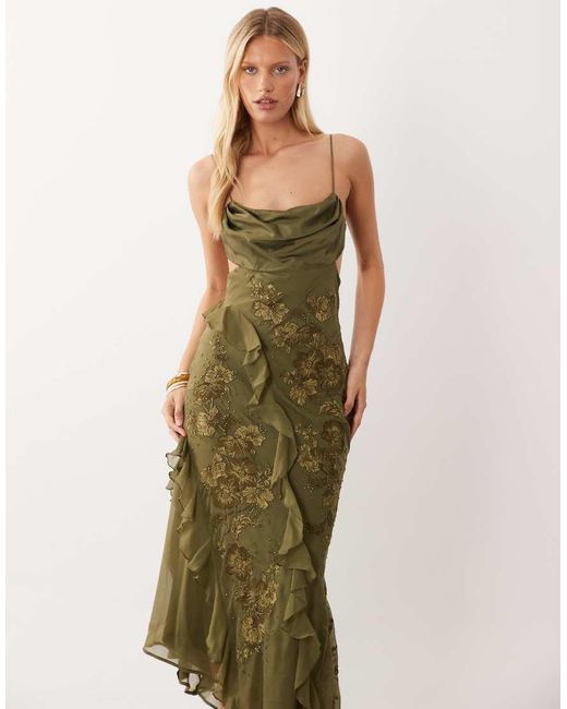 ASOS Green Embroidered & Beaded Cami Maxi Dress With Asymmetric Ruffle