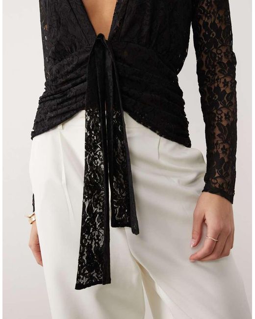 ASOS Black Lace Long Sleeve Plunge Top With Tie Waist