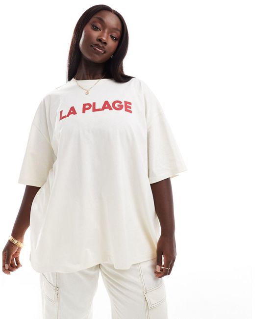 ASOS White Asos Design Curve Boyfriend Fit T-shirt With La Plage Graphic