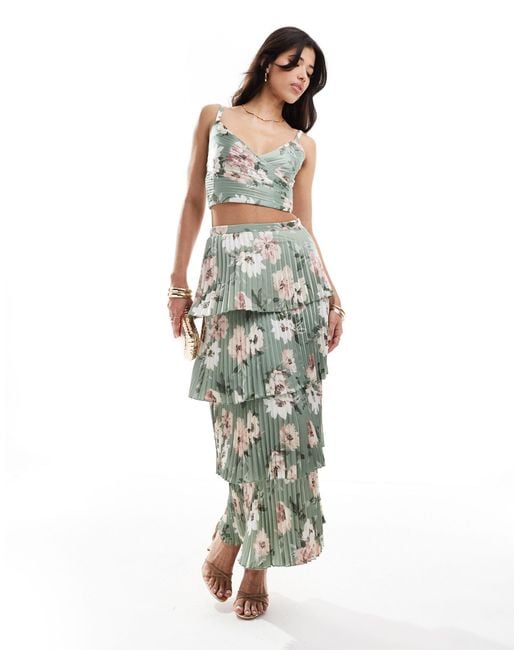 Abercrombie & Fitch Green Tiered Floral Print Satin Maxi Skirt
