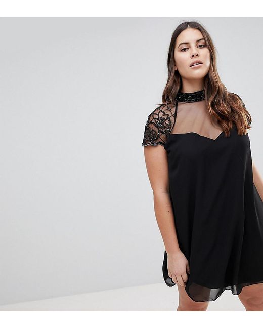Lipsy Black Swing Babydoll Dress With Lace Sleeve