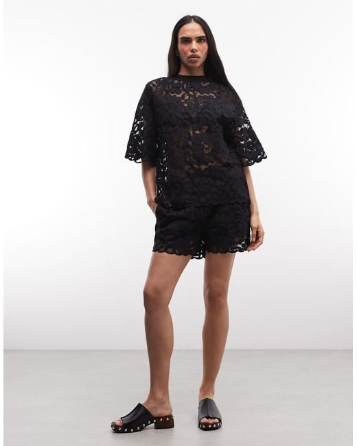 AllSaints Black Amelie Co-Ord Short Sleeve Floral Lace Top