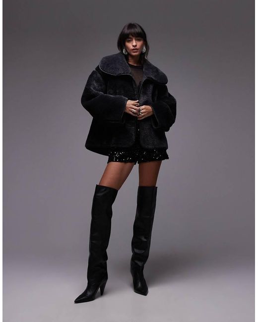 ARKET Black Oversized Faux Shearling Jacket With Funnel Neck And Contrast Edging