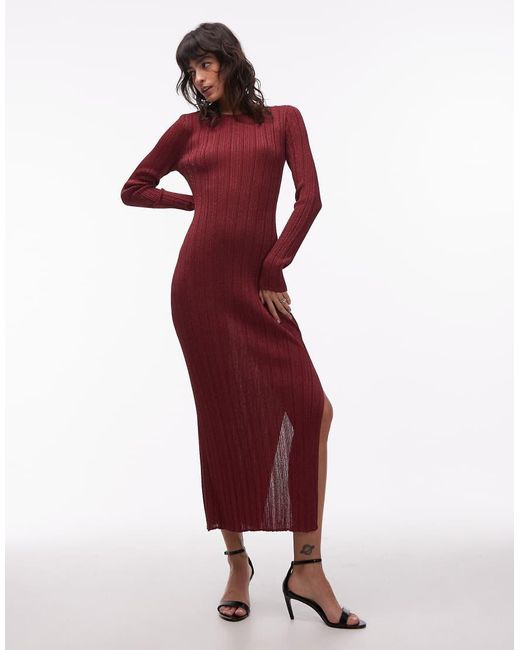 & Other Stories Red Glitter Rib Boat Neck Long Sleeve Midi Dress