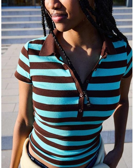 Bershka Blue Short Sleeve Striped Polo Shirt