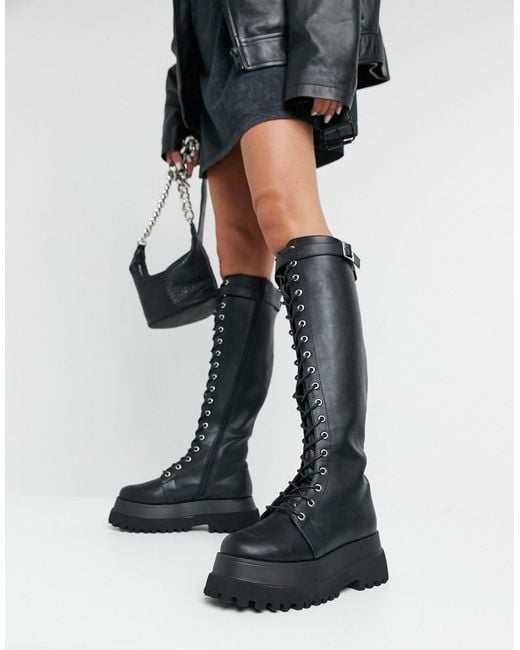 ASOS Black Camera Chunky Lace Up Knee Boots